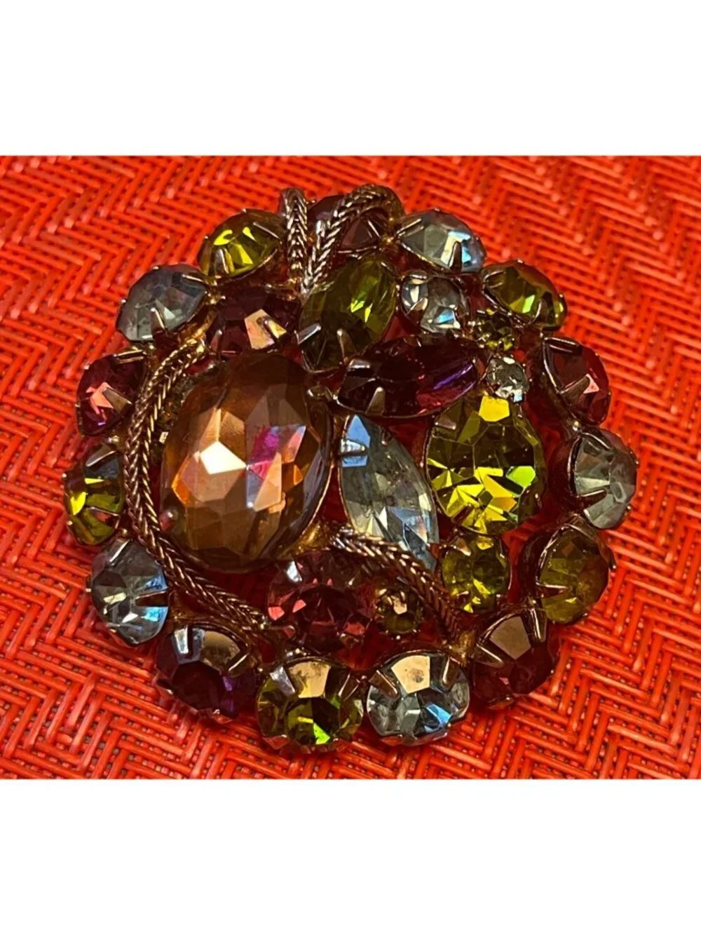 Vtg D&E Juliana Multicolor Watermelon Glass Brooch With Gold-Tone Rope Accents F